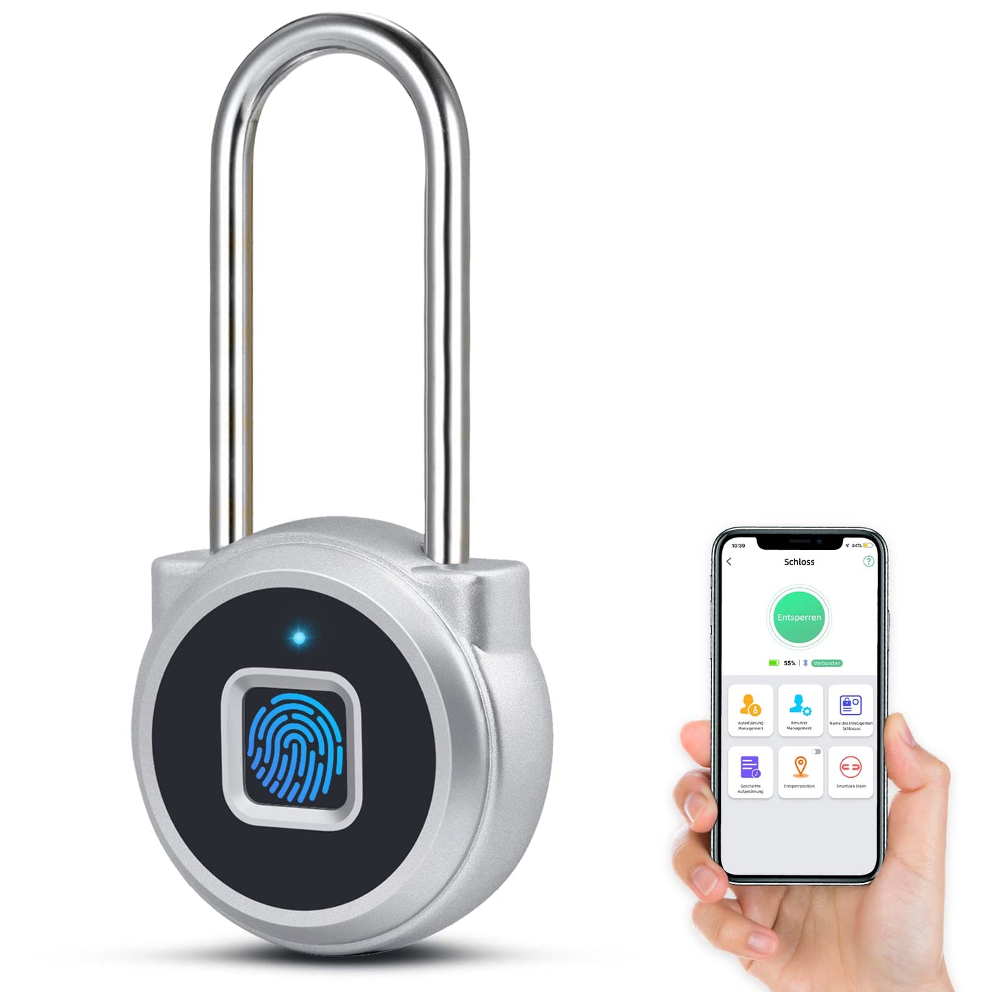 Fingerprint lock, Eseesmart Lock Shackle Long-45mm, Fingerprint & Bluetooth padlock, Waterproof, USB charging for gym, school, employee lockers, luggage