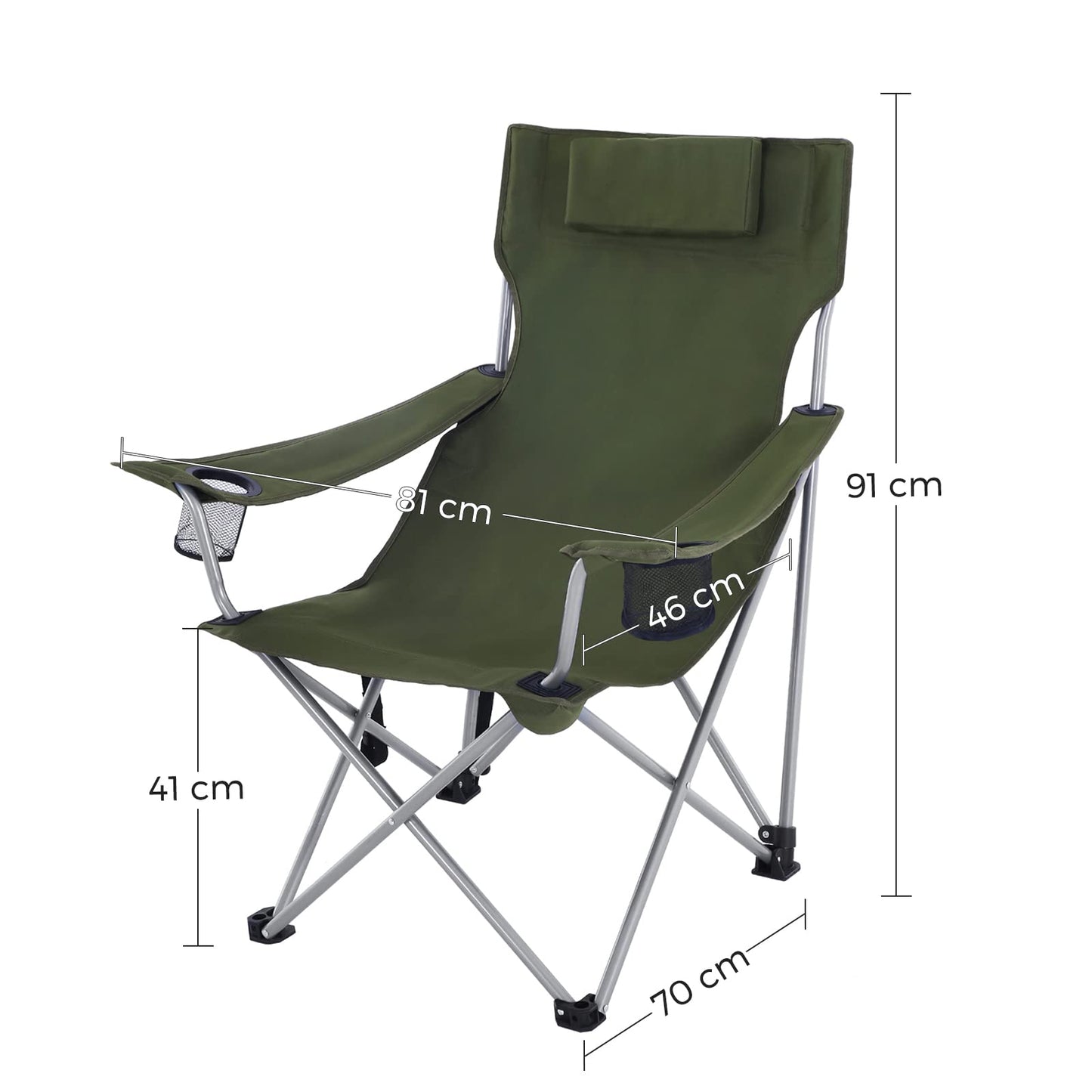 SONGMICS Camping Chair, Set of 2, Folding Chair, Outdoor Chair with Armrests, Headrest, and Drink Holders, Metal Frame, Supports up to 150 kg, Green GCB09AG02.
