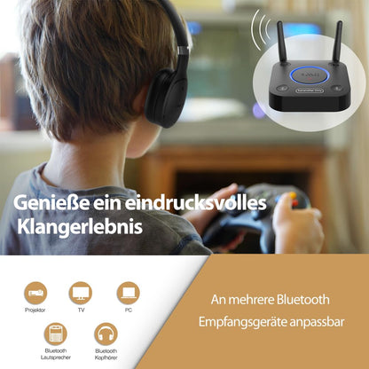 1Mii Bluetooth 5.2 Transmitter for TV, Long Range Bluetooth Audio Adapter, aptX HD Low Latency Bluetooth Sender for 2 Headphones Speakers, 3.5mm AUX/Optical/Coaxial Cable, Volume Control