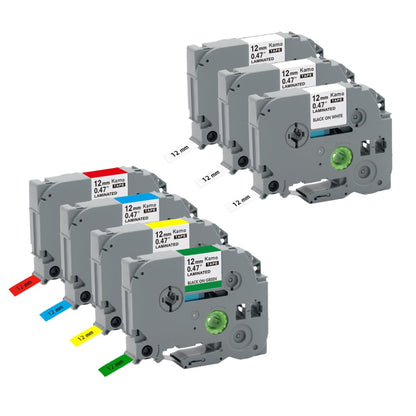 Kamo label tapes 7-pack compatible with Brother label tape TZe-231 431 531 631 731 (12mm x 8m) White/Red/Yellow/Blue/Green, for labeling machines PT-D210 PT-D220 PT-D200 PT-H110 PT-D400