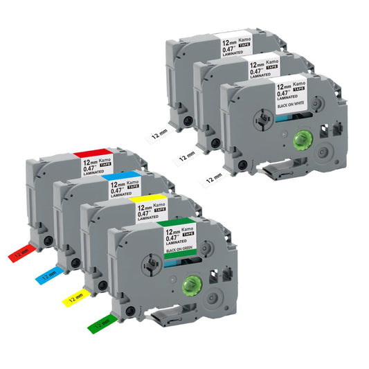 Kamo label tapes 7-pack compatible with Brother label tape TZe-231 431 531 631 731 (12mm x 8m) White/Red/Yellow/Blue/Green, for labeling machines PT-D210 PT-D220 PT-D200 PT-H110 PT-D400