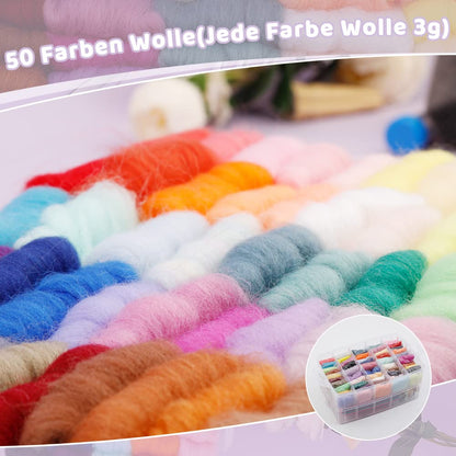 Ruasol needle felting kit, complete needle felting tool and accessories with 50 colors of wool, needle felting starter set with felt molds, high-density foam storage box for felting animal crafts.