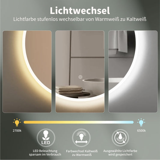 HOKO round 60cm LED bathroom mirror with touch switch+memory function+lighting change 2700-6500K warm white-cool white-neutral