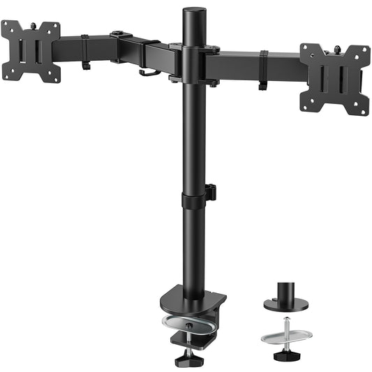 HUANUO dual monitor stand for 13 to 32 inch screens, height adjustable, tilt, swivel, rotate, extended arm for two monitors, VESA 75/100.