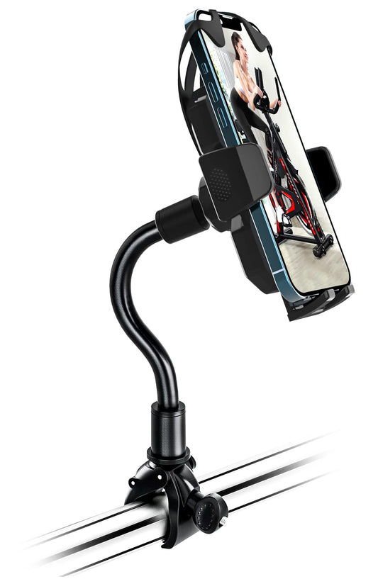 Oilcan Bike Phone Holder Flexible & 360° Rotatable, Handlebar Phone Mount for Elliptical, Treadmill, Spinning Bike, Exercise Bike. Fits iPhone 14 Pro Max, Samsung, 4-7" smartphones.