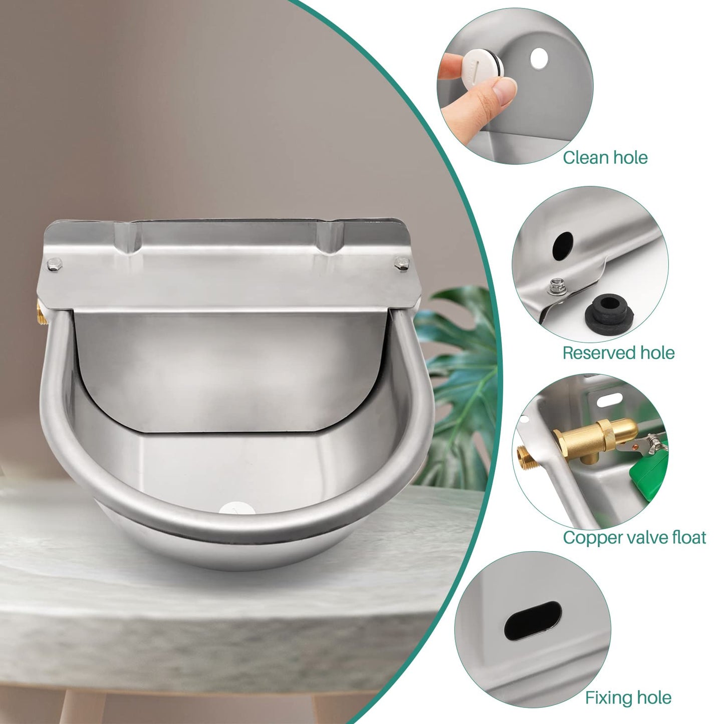 Automatic drinker basin made of stainless steel with 1/2 inch adjustable brass float valve and drainage holes for horses, cows, pigs, goats, sheep, and dog drinkers.