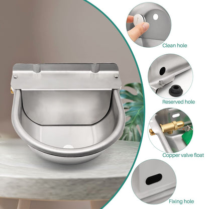 Automatic drinker basin made of stainless steel with 1/2 inch adjustable brass float valve and drainage holes for horses, cows, pigs, goats, sheep, and dog drinkers.