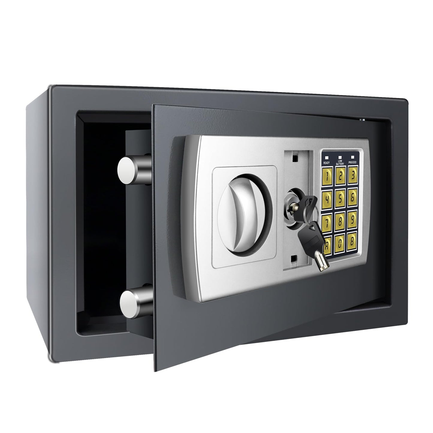 Safe fireproof waterproof safe with combination lock and 2 keys. Made of steel, wall safe for home, office, school, hotel. Dimensions 31x20x20cm, 8.5L capacity. Color: Gray.