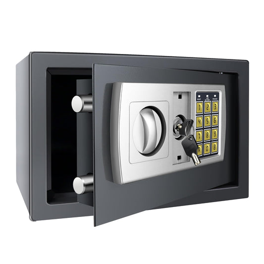 Safe fireproof waterproof safe with combination lock and 2 keys. Made of steel, wall safe for home, office, school, hotel. Dimensions 31x20x20cm, 8.5L capacity. Color: Gray.