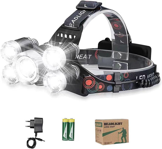 Lavcus LED Headlamp Super Bright, Headlight 12000 Lumens 5 LED 4 Modes incl. USB Cable with 18650 Battery, Ideal For Rescue Camping Fishing Climbing Hiking