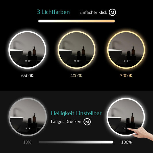 EMKE round 50cm bathroom mirror with lighting, touch switch, 3 dimmable light colors, anti-fog, memory function.