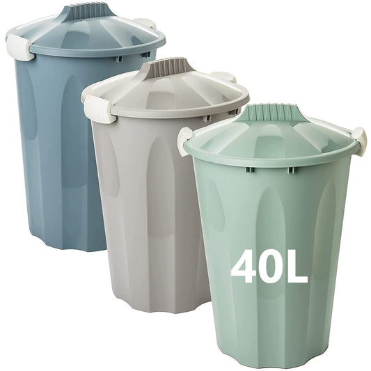 2 friends Trash can with lid, 40l can with lid, set of 3, garbage bin with lid, feed barrel, waste bin with lid and carrying handles, color: pastel gray, pastel sand, pastel green, Made in EU.