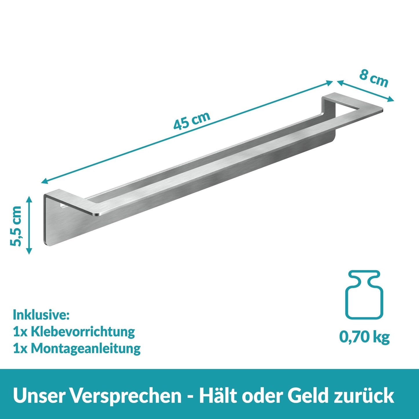 Wall-mounted towel holder without drilling - 45cm - Stainless steel towel bar for the bathroom - Self-adhesive