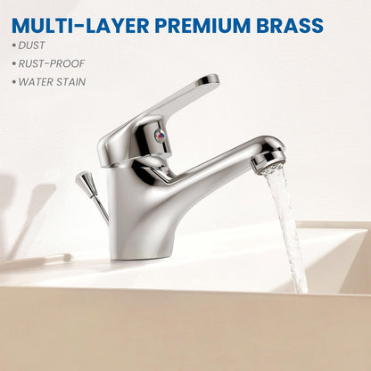Auralum bathroom faucet with pop-up drain, single lever washbasin mixer tap in chrome, one-handle basin faucet for bathroom.