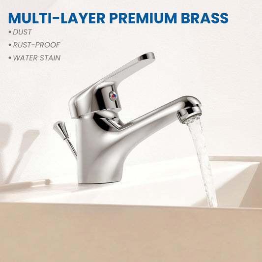 Auralum bathroom faucet with pop-up drain, single lever washbasin mixer tap in chrome, one-handle basin faucet for bathroom.