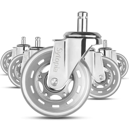 Sytopia office chair casters 11mm, casters for office chairs 11mm x 22mm, rubber office chair wheels 5-piece set for hard floors, parquet, laminate, floor mats, DOES NOT FIT 10mm pin (Silver)