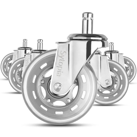 Sytopia office chair casters 11mm, casters for office chairs 11mm x 22mm, rubber office chair wheels 5-piece set for hard floors, parquet, laminate, floor mats, DOES NOT FIT 10mm pin (Silver)