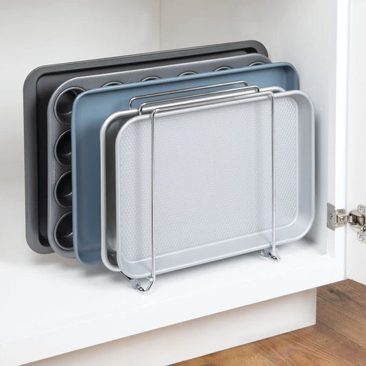 mDesign metal dish rack for baking trays - compact pot lid holder for kitchen cabinet - space-saving stand for cookware - silver-colored.