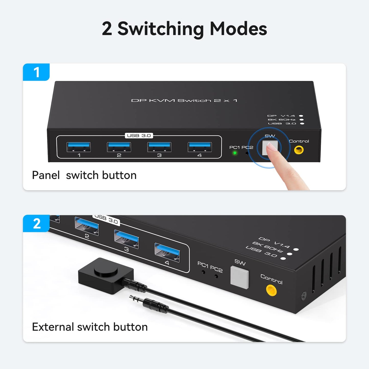 VPFET KVM Switch with DisplayPort support 4K120HZ 8K60HZ DP 1.4 Switcher for 2 computers share keyboard mouse printer with 4 port USB 3.0 including desktop control and 2 USB cables.