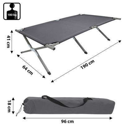 BB Sport folding camp bed 190 x 64 x 41 cm Sturdy camping bed 180kg load capacity Portable Convenient Travel bed Steel frame 600D Oxford fabric Carry bag Guest bed Foldable, Color: grey