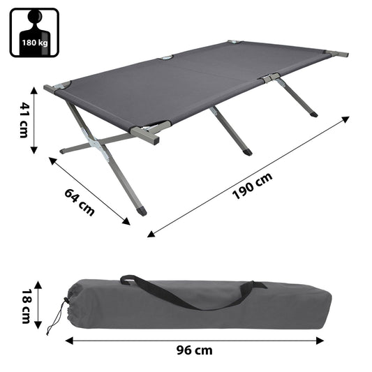 BB Sport folding camp bed 190 x 64 x 41 cm Sturdy camping bed 180kg load capacity Portable Convenient Travel bed Steel frame 600D Oxford fabric Carry bag Guest bed Foldable, Color: grey
