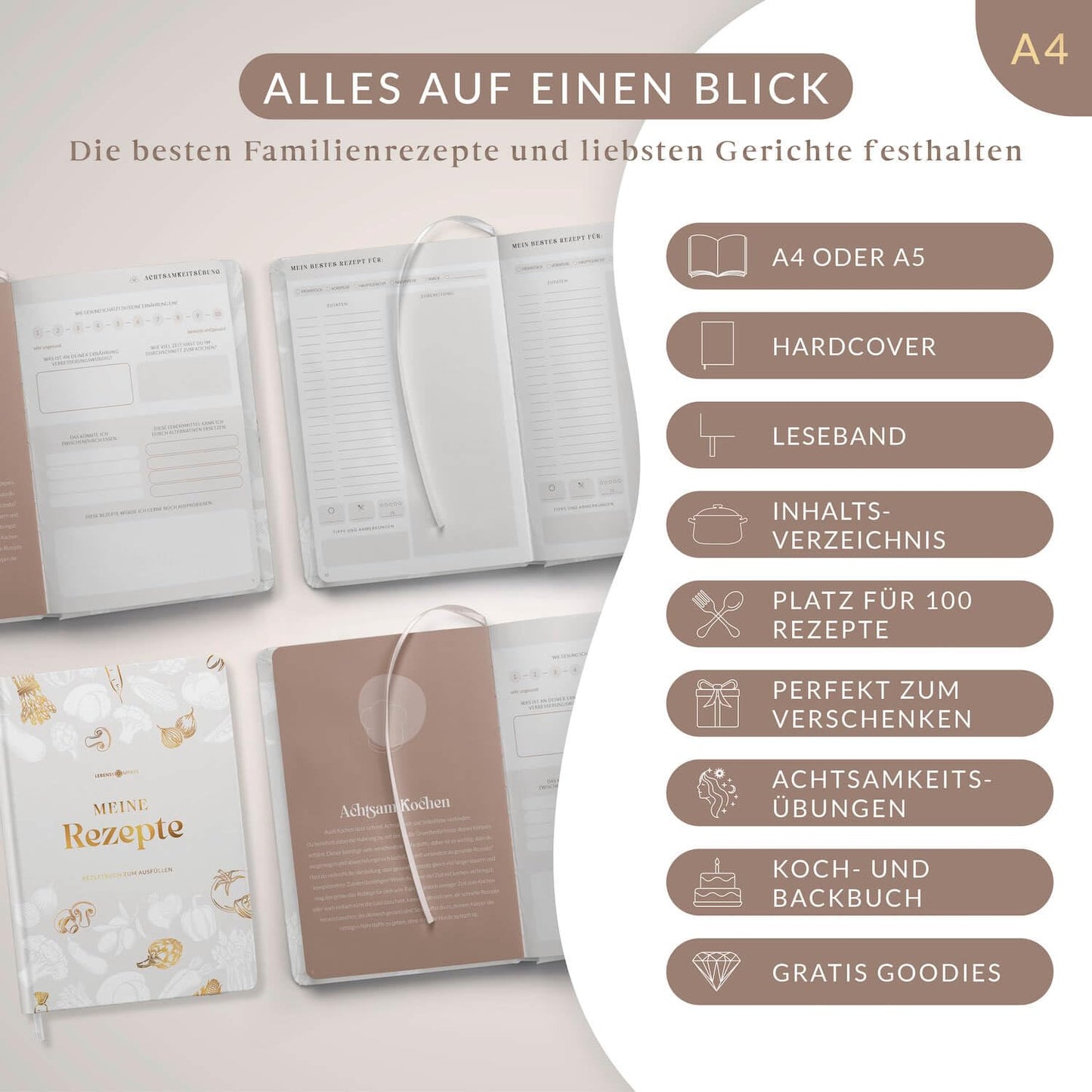 Life compass recipe book A4 for self-writing "SALT" with seasonal calendar as a poster - Hardcover favorite recipes - DIY cookbook for you or as a gift