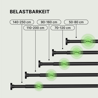 MEISENBERG Tension Rod - Black, Ø 25 mm, 1 Piece - Telescopic Rod for Clamping on Windows, Showers, Patios, and Partitions (50-80cm)