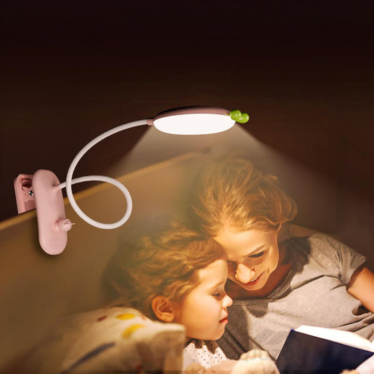 QJUZO Clip-on bedside lamp for children, LED clip light with dimmable reading lamp, book clip USB rechargeable desk lamp with flexible gooseneck, 2400mAh battery, pink