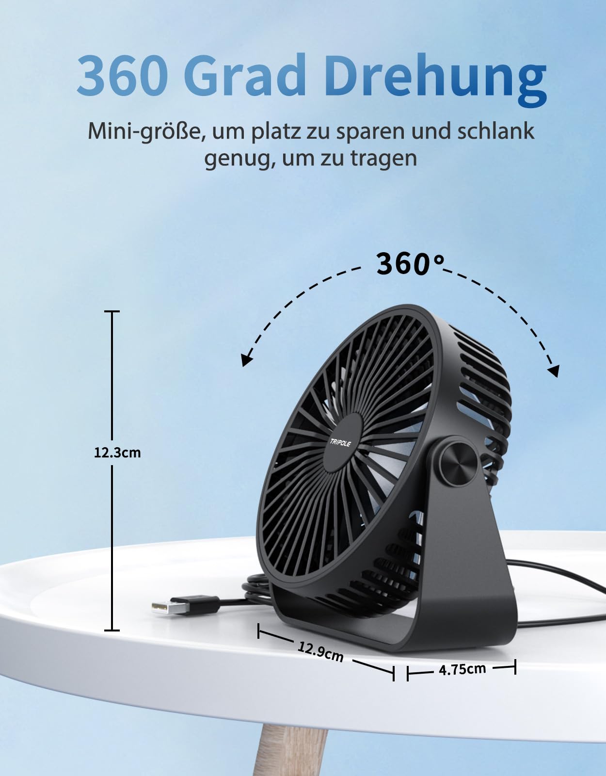 TriPole 2 Pack USB Desk Fan, 3 Speeds Strong, 360° Rotation Personal Wind Table Fan, Portable Mini Fan for Table Home Bedroom Office, Black