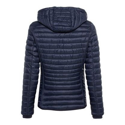 camel active women's lightweight quilted jacket with removable hood in black, size 44.