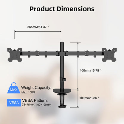 Pholiten monitor arm for 13-27 inch LED LCD screen up to 10 kg, dual monitor mount, height adjustable swivel tilt desk monitor stand, max VESA 100x100mm.