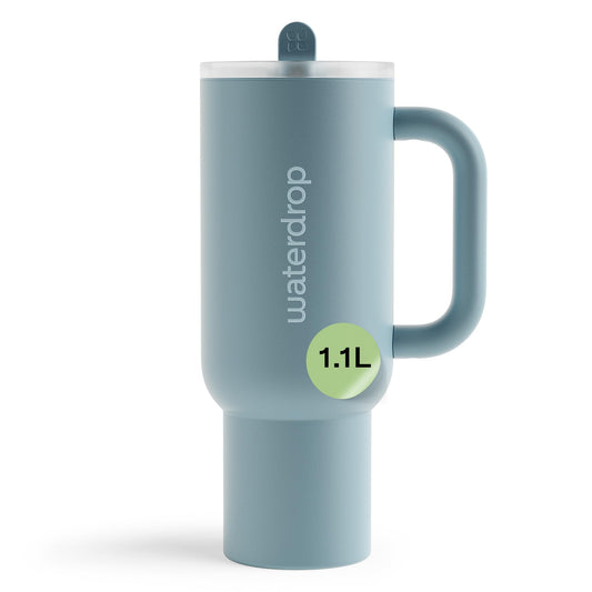 waterdrop® thermos cup with straw 1.1L - Leak-proof, sturdy water bottle with folding straw, Keeps cold for 12h, drinking cup with lid, insulated stainless steel bottle