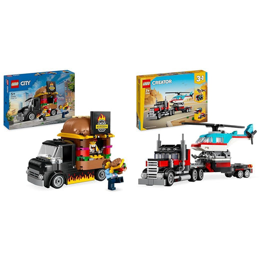 LEGO City Burger Truck, building set with toy car for 5-year-old kids & Creator 3in1 Low Loader with Helicopter, vehicle set with helicopter and truck toys.