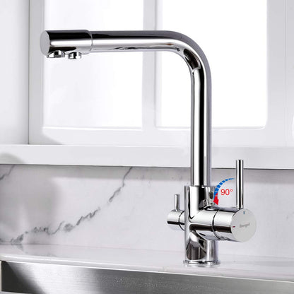 3-way kitchen faucet (drinking water tap with 360° swivel, dual lever, 3-in-1 function for water filter, hot and cold water outlet, high pressure, with 3 hoses 50 cm) stainless steel chrome