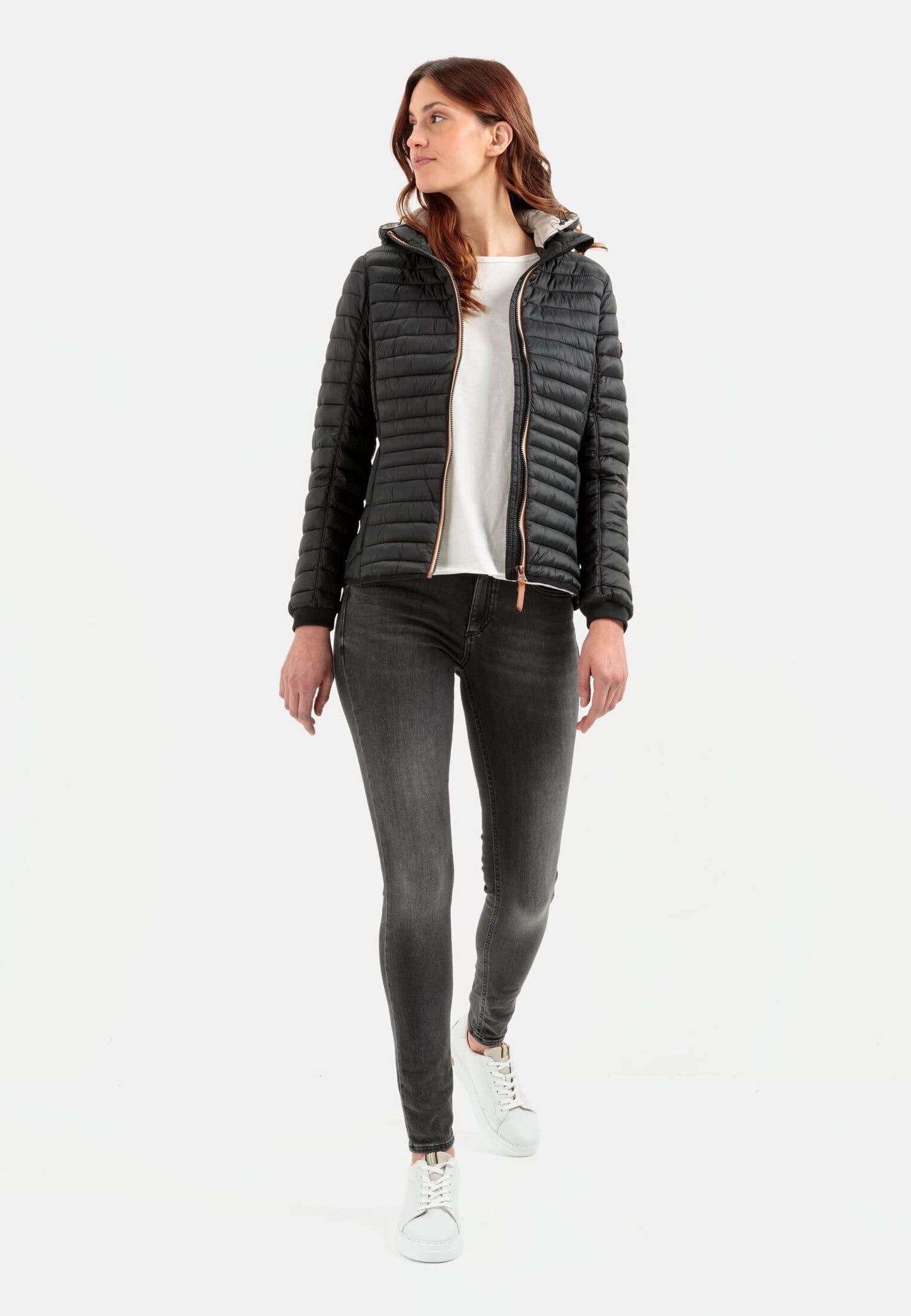 camel active women's lightweight quilted jacket with removable hood in black, size 44.