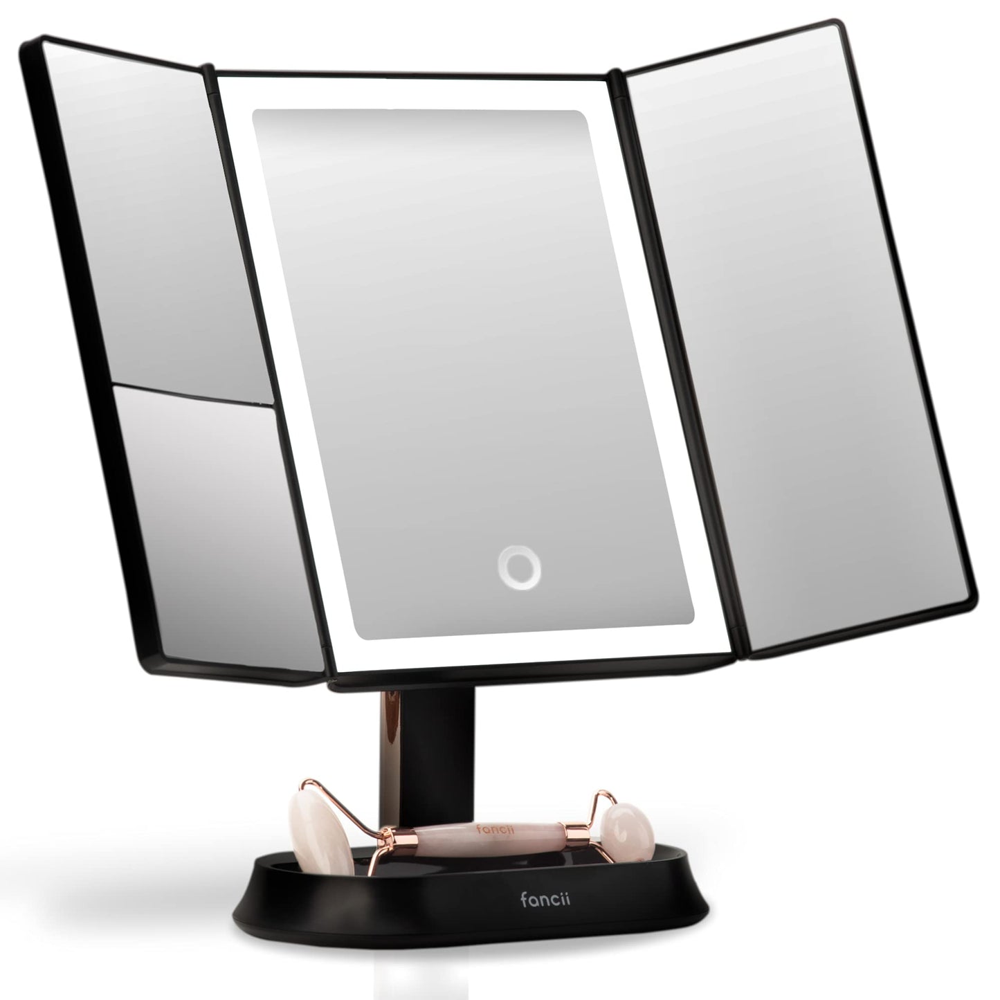 Fancii cosmetic mirror with natural LED light - illuminated makeup mirror with 5x and 7x magnification mirrors - dimmable lights, touch illumination, tabletop mirror - Sora (Black)