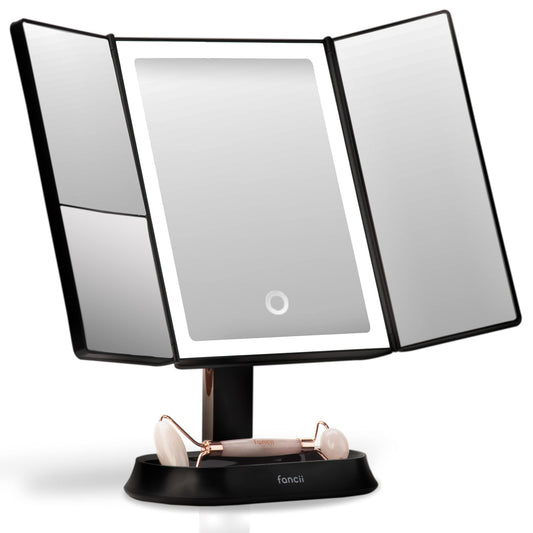Fancii cosmetic mirror with natural LED light - illuminated makeup mirror with 5x and 7x magnification mirrors - dimmable lights, touch illumination, tabletop mirror - Sora (Black)