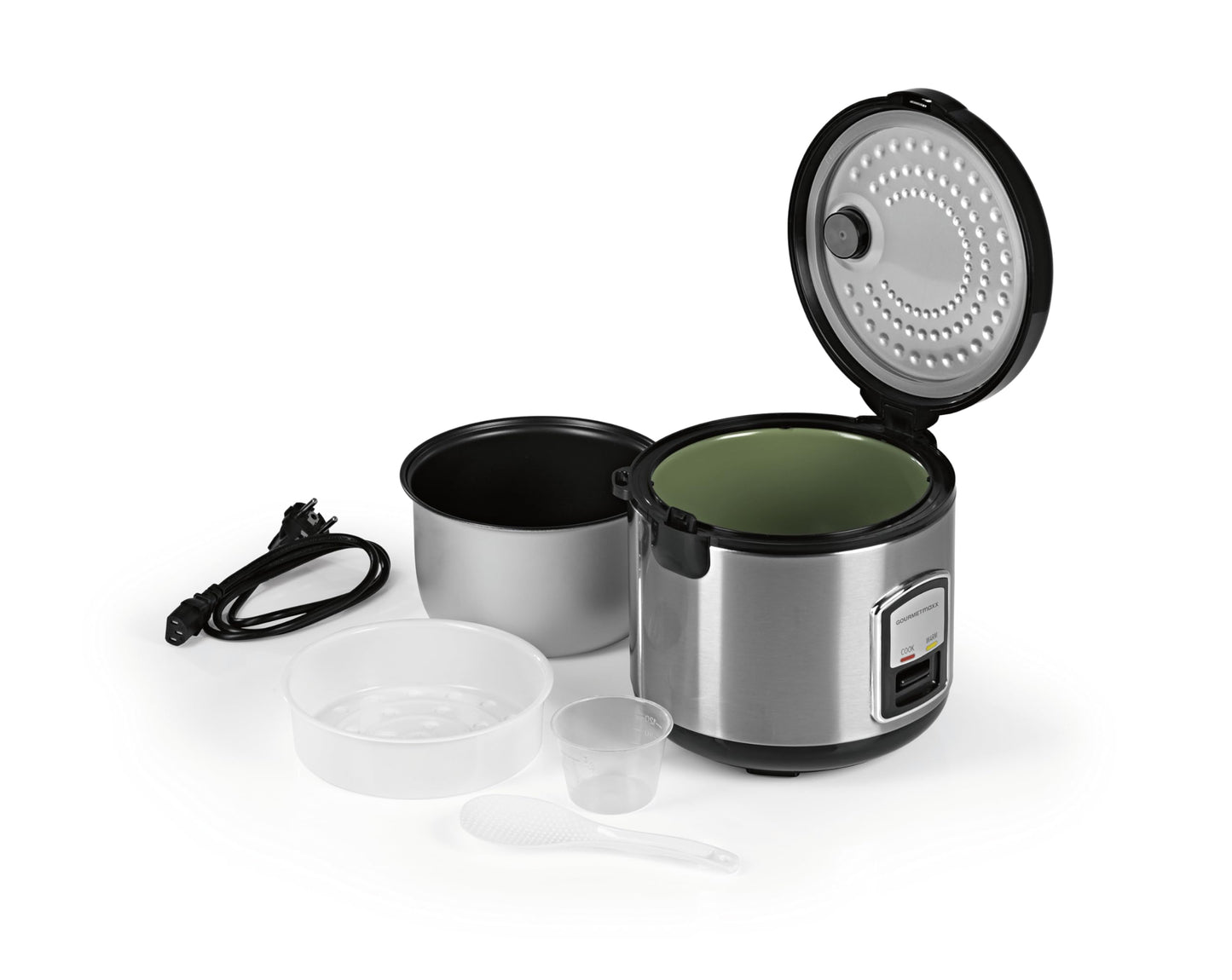 GOURMETmaxx Compact Rice Cooker & Steamer, 1L, includes steaming insert, cooking pot, rice spoon & measuring cup, keep warm function, perfect for small families & singles, dishwasher safe.