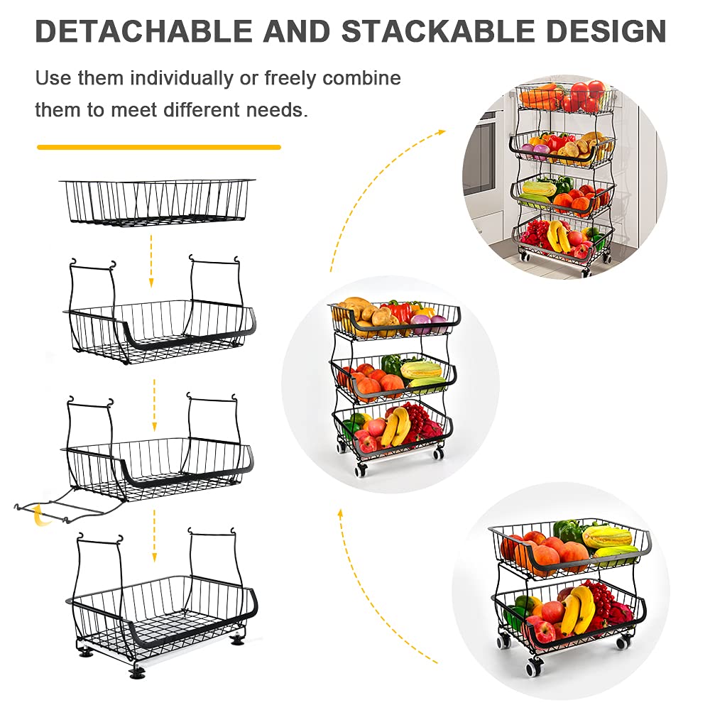 Miyawell fruit basket stand 4 tier fruit stand metal vegetable basket removable fruit holder kitchen storage basket with wheels suction cups, countertop decorative bowls 4 tiered fruit bowl