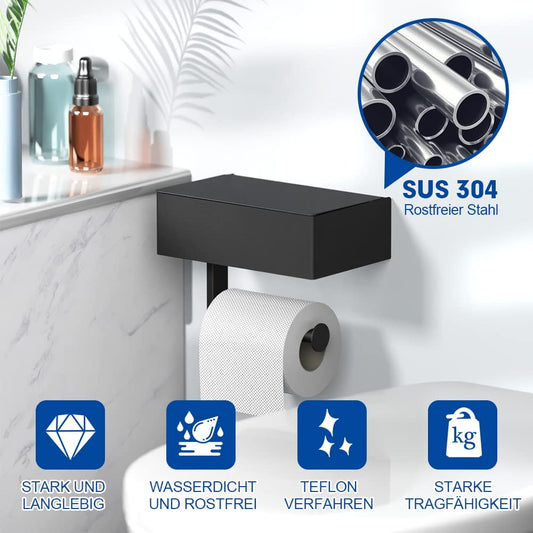 MVKV toilet paper holder with wet wipes box, matte black toilet paper holder with shelf, no drilling required, wall-mounted 304 stainless steel toilet roll holder with storage for bathroom.