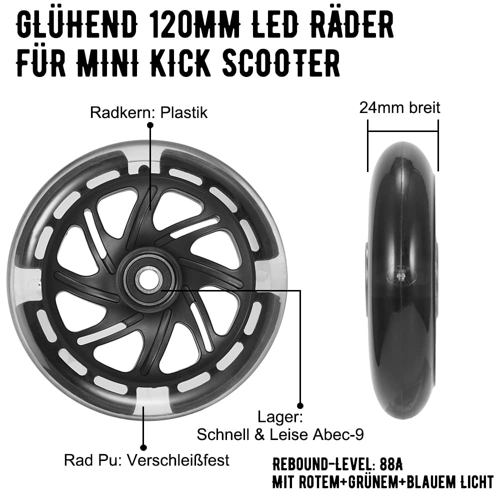 120mm Scooter Wheels - 2 pieces 120mm LED Scooter Replacement Wheels with ABEC-9 Bearings - 120mm bright flashing LED kick scooter wheels for micro globber roller (BLACK)