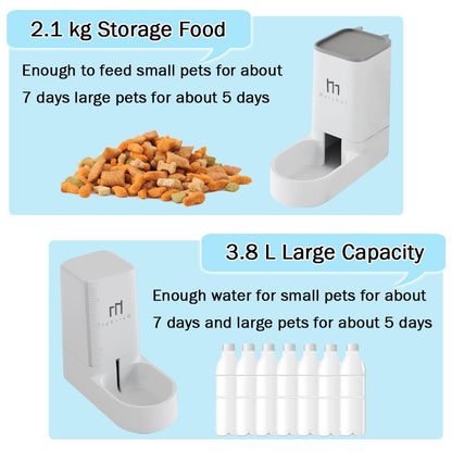 Automatic cat feeder, 2.1kg cat food dispenser and 3.8L dog water dispenser, no electricity needed, travel feeder for cats and water dispenser (food dispenser & feeding mats)