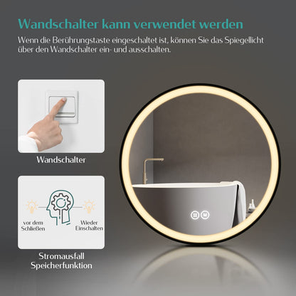 EMKE Round 60 cm bathroom mirror with lighting, touch control, 3 light colors, dimmable, memory function, adjustable strap, and 3-hour auto shutdown. IP44 bathroom mirror.