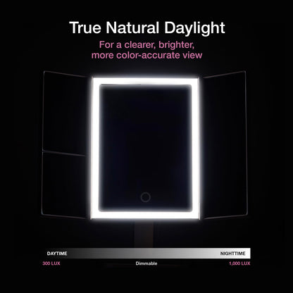 Fancii cosmetic mirror with natural LED light - illuminated makeup mirror with 5x and 7x magnification mirrors - dimmable lights, touch illumination, tabletop mirror - Sora (Black)