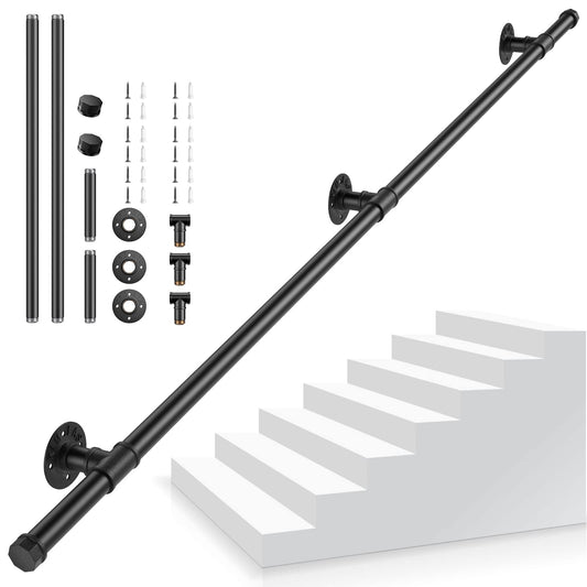 Handrail for stairs, Aomdom handrail staircase railing indoor and outdoor, black handrail with non-slip, stainless, industrial, galvanized steel tube for kitchen bathroom garden, 1.5M.