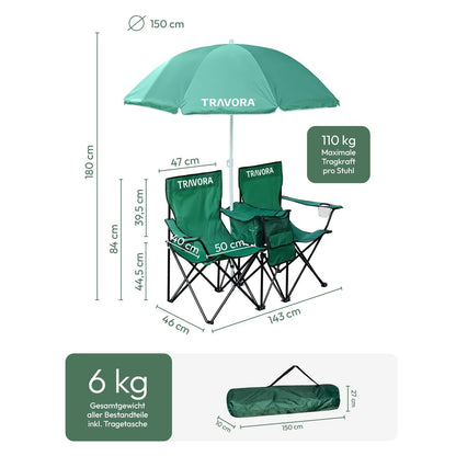 TRAVORA 2-person partner camping chair with sunshade and cooler compartment and logo - folding camping chair for two people - folding chair camping - camping chair fishing chair as a double seater (green)