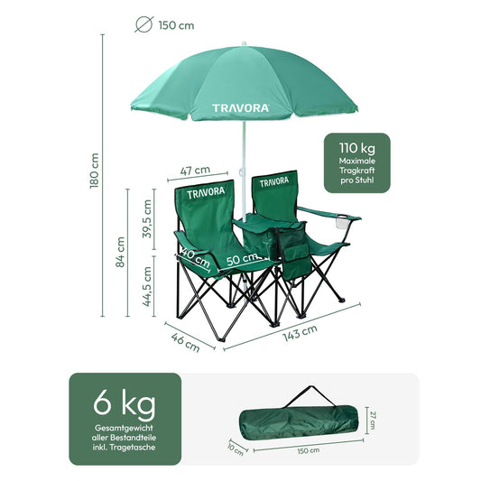 TRAVORA 2-person partner camping chair with sunshade and cooler compartment and logo - folding camping chair for two people - folding chair camping - camping chair fishing chair as a double seater (green)