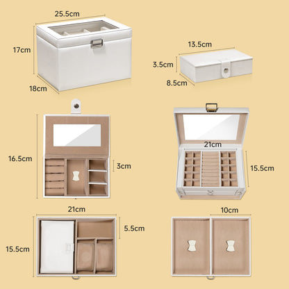 Three Croissants Jewelry Box, with transparent lid, jewelry box with 3 levels, jewelry organizer with 2 drawers, featuring a portable mini box for travel, storage, gift idea, white.