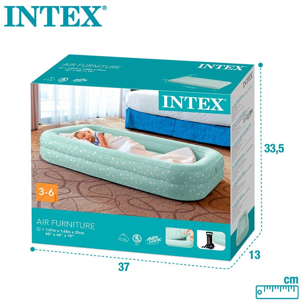 INTEX KidzTravel air mattress for children aged 3-6 years (71×132×10 cm) - Inflatable kids travel bed with built-in bumpers, including air pump. Mint green with star design.