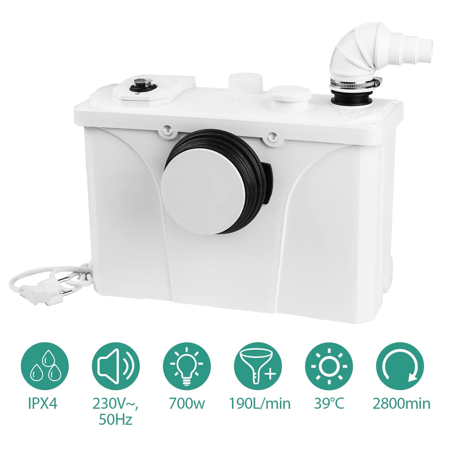 Ansobea 700W Sewage Pumping System, 190L/min Dirty Water Pumps, Small Pumping System, Very Quiet Sewage Pump 4 in 1, For Toilet, Shower and Washbasin